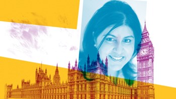 Montage of Alumni Baroness Warsi and Houses of Parliament